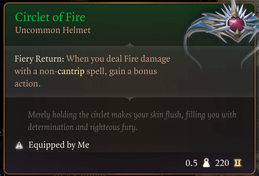 Características de la Diadema de Fuego en Baldur's Gate 3 (Inglés)